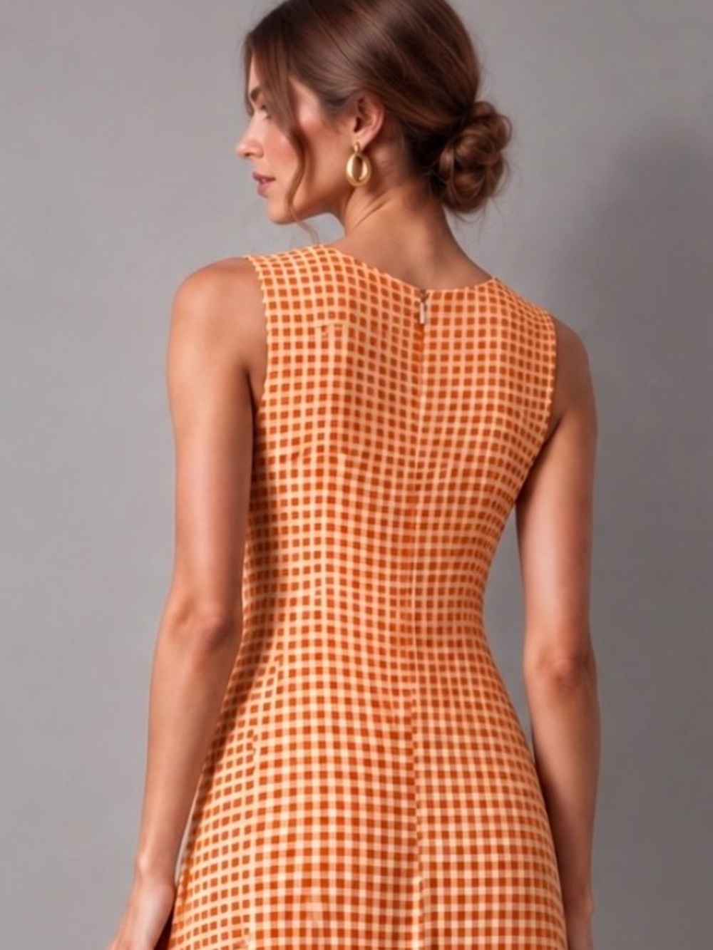Club Monaco Orange Gingham V-Neck A-Line Maxi Dress Size 8 - Picture 10 of 13